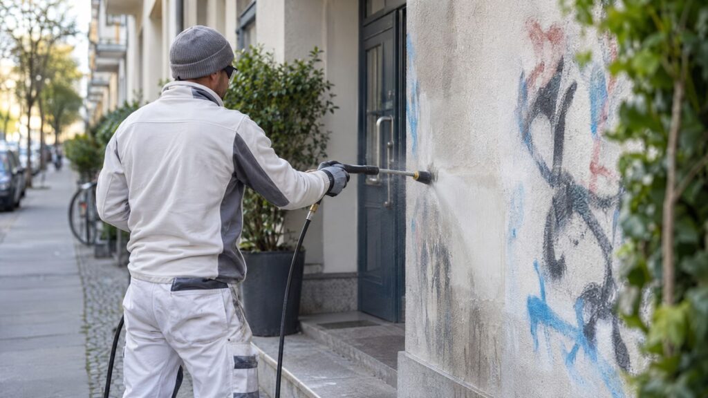 Fachgerechte Graffitientfernung an einer Berliner Hausfassade