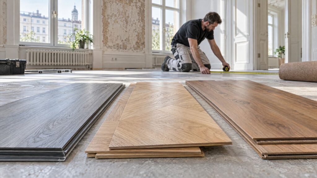 Materialmuster für Bodenbeläge in einer Altbauwohnung