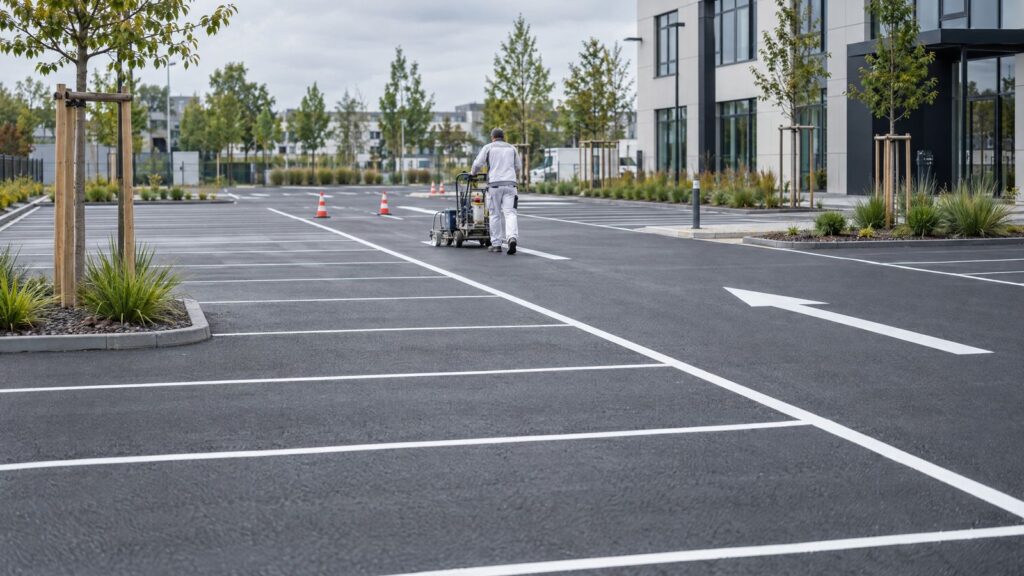Neue Parkplatzmarkierung auf einer Gewerbefläche