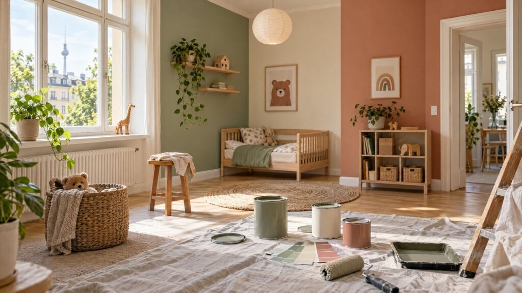Frisch gestaltetes Kinderzimmer mit sanften Wandfarben