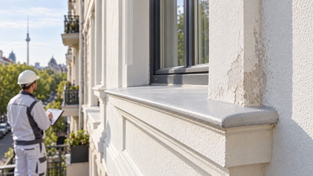 Prüfung des Zustands einer Berliner Hausfassade