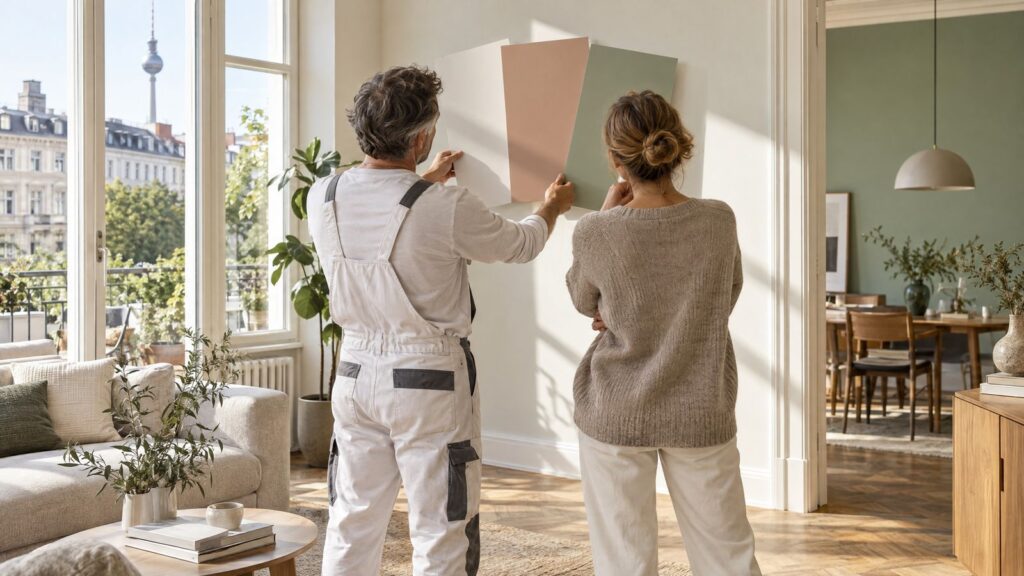 Farbberatung mit Farbmusterkarten in einer Berliner Wohnung